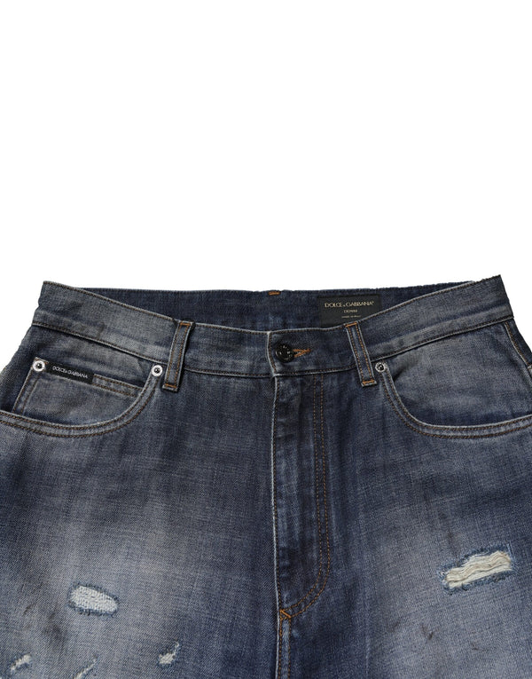 Dolce & Gabbana Blue Washed Tattered Cotton Men Jeans