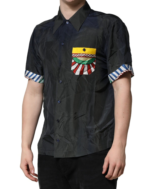 Dolce & Gabbana Black Silk Short Sleeves Men Casual Shirt