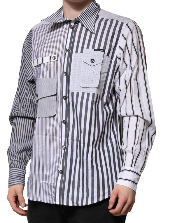 Dolce & Gabbana White Gray Striped Cotton Men Casual Shirt
