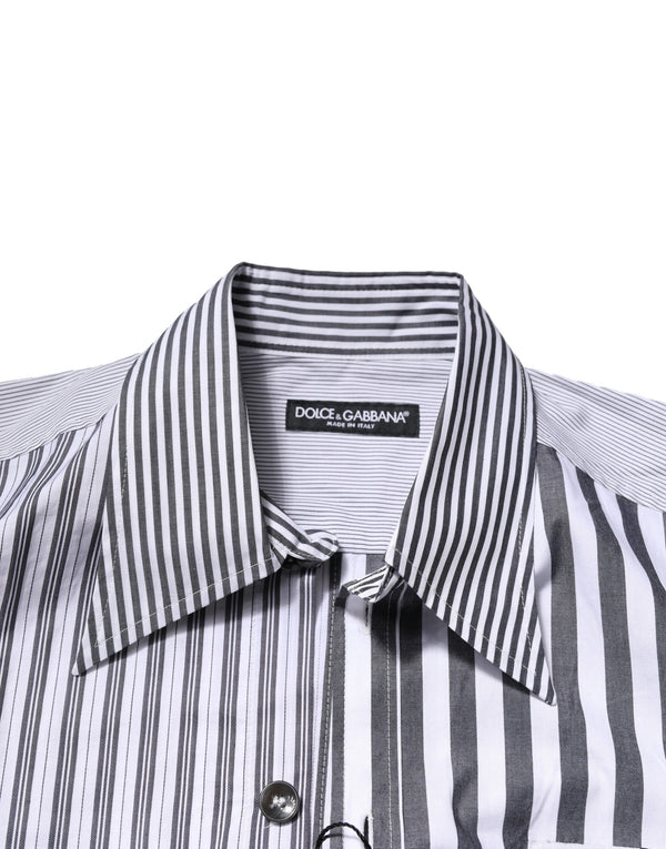 Dolce & Gabbana White Gray Striped Cotton Men Casual Shirt