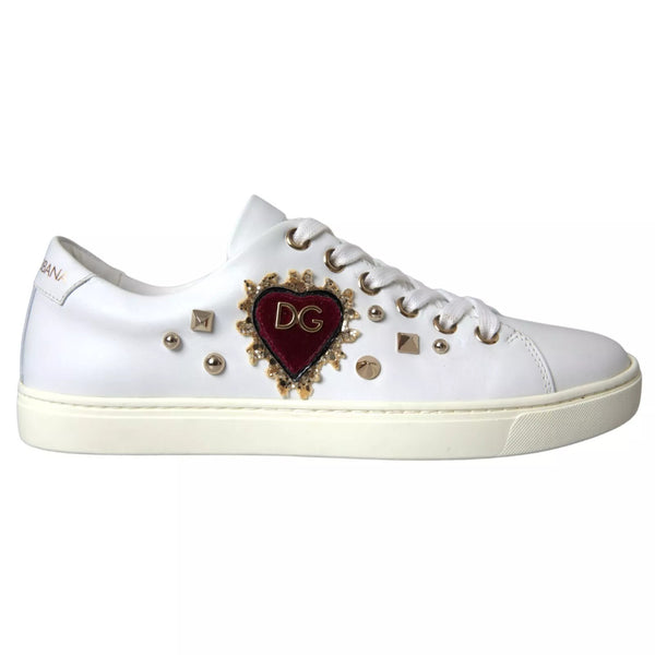 Dolce & Gabbana White Leather Gold Red Heart Sneakers Shoes