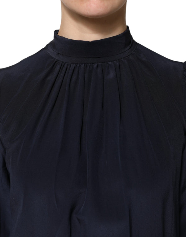 Dolce & Gabbana Blue Silk Mock Neck Long Sleeves Blouse Top
