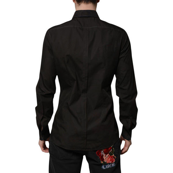 Dolce & Gabbana Black Cotton Jacquard GOLD Collar Dress Shirt