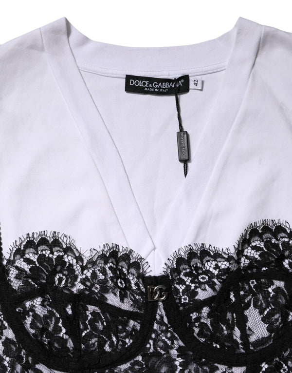 Dolce & Gabbana White Lace Cotton V-Neck Short Sleeves Top