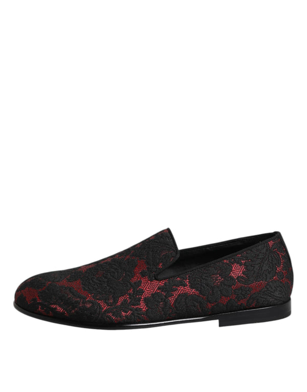 Dolce & Gabbana Red Black Jacquard Slip On Loafers Shoes