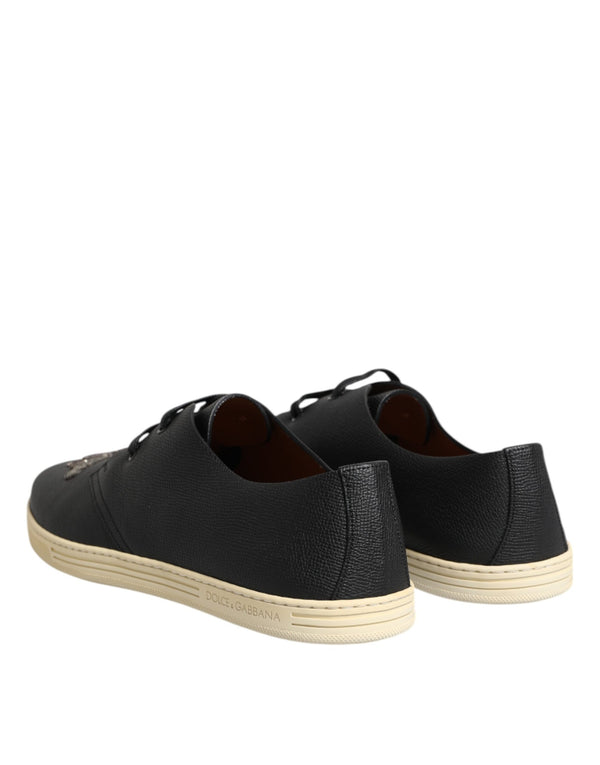 Dolce & Gabbana Black Leather Bee Crown Low Top Sneakers Shoes