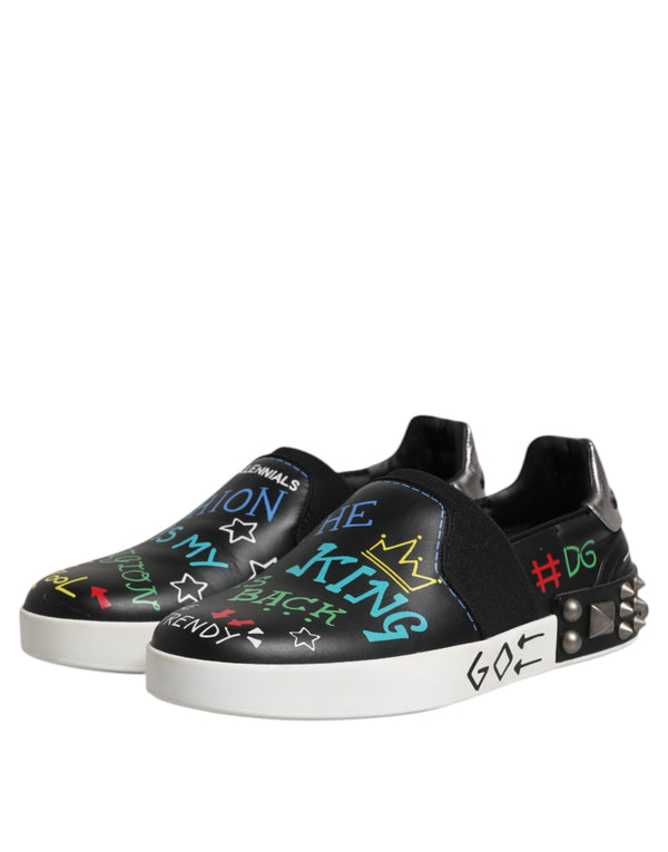 Dolce & Gabbana Black Leather Studded Graffiti Sneakers Shoes