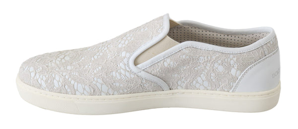 Dolce &amp; Gabbana White Leather Lace Slip On Loafers -kengät