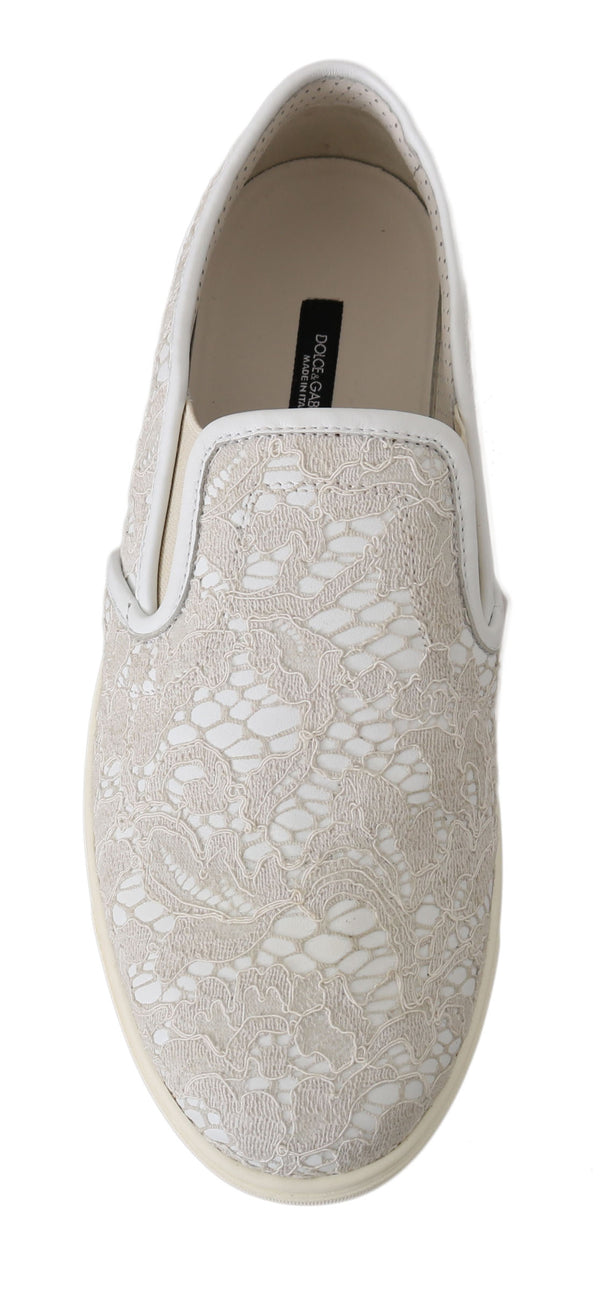 Dolce &amp; Gabbana White Leather Lace Slip On Loafers -kengät