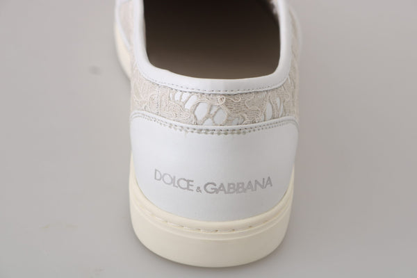 Dolce &amp; Gabbana White Leather Lace Slip On Loafers -kengät