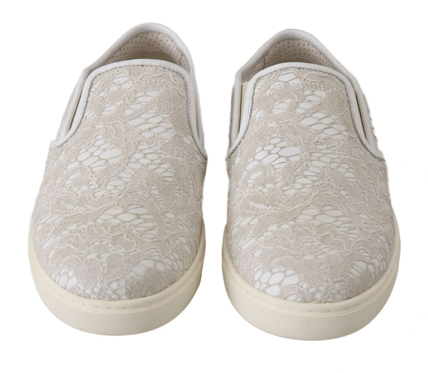 Dolce &amp; Gabbana White Leather Lace Slip On Loafers -kengät