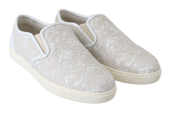 Dolce &amp; Gabbana White Leather Lace Slip On Loafers -kengät