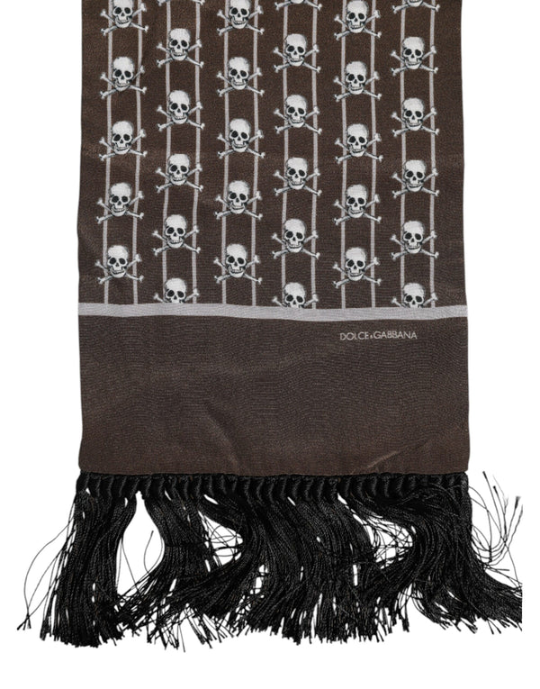 Dolce & Gabbana Brown Skulls Print Fringes Men Foulard Scarf