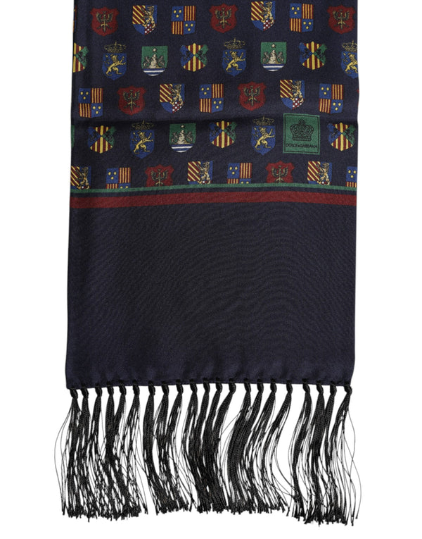 Dolce & Gabbana Blue Silk Printed Fringes Foulard Scarf