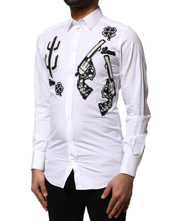 Dolce & Gabbana White GOLD Embroidery Detailed Dress Shirt