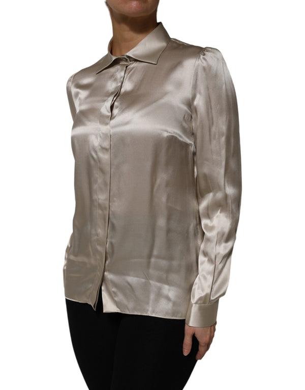 Dolce & Gabbana Beige Satin Silk Collared Long Sleeves Top
