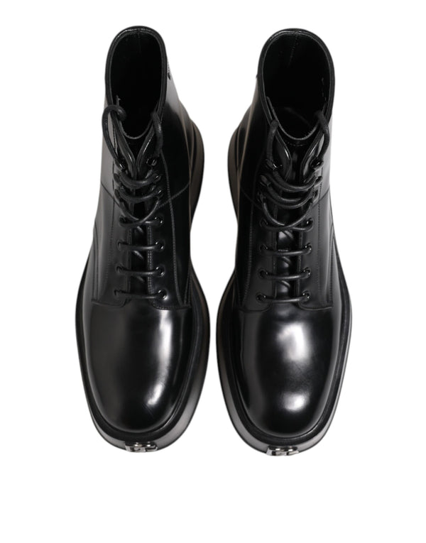 Dolce & Gabbana Black Leather Logo Ankle Boots Lace Up Shoes