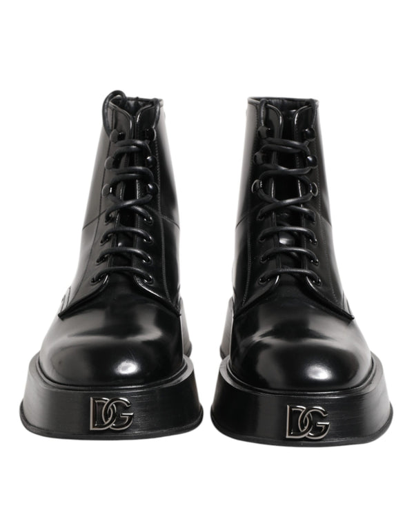 Dolce & Gabbana Black Leather Logo Ankle Boots Lace Up Shoes
