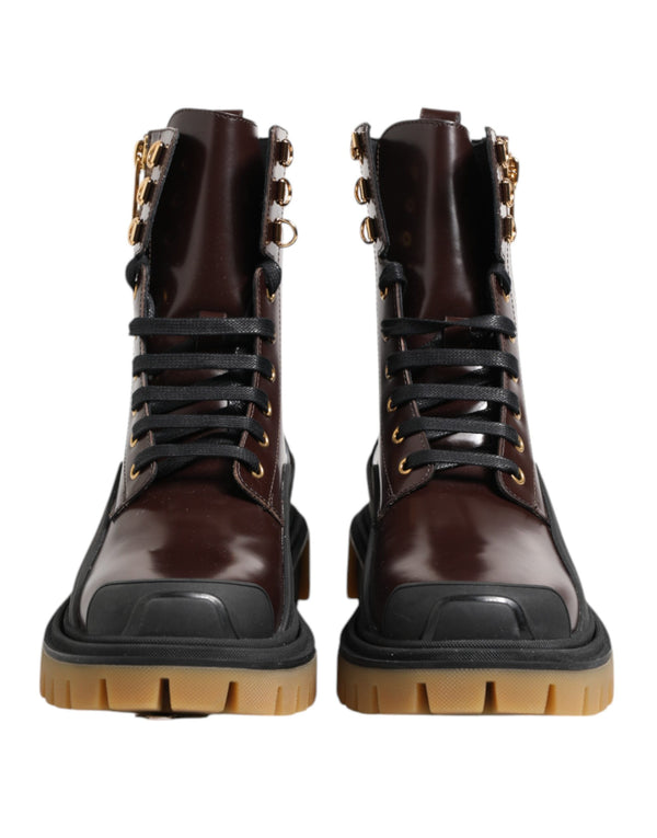 Dolce & Gabbana Brown Black Leather Boots Zipper Lace Up Shoes