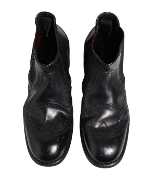 Dolce & Gabbana Black Leather Ankle Boots Slip On Shoes