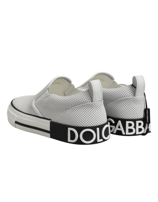 Dolce & Gabbana White Dotted Leather Slip On Men Sneakers Shoes