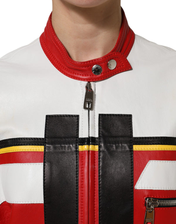 Dolce & Gabbana Multicolor Leather Biker Full Zip Coat Jacket