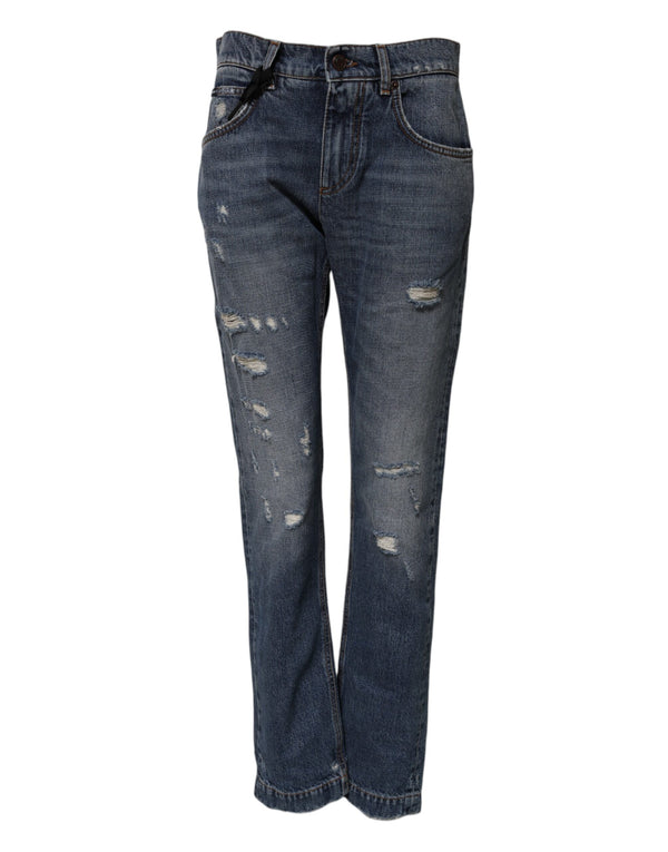 Dolce & Gabbana Blue Cotton Tattered Boyfriend Denim Jeans