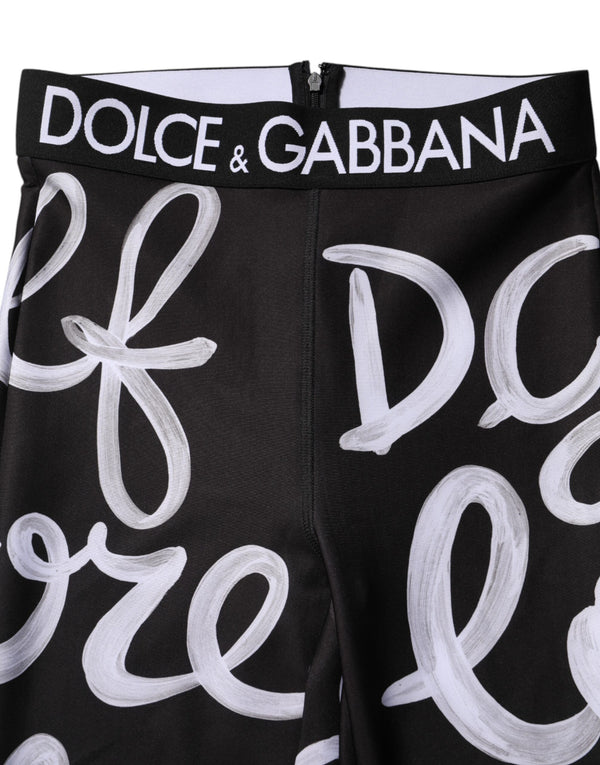Dolce & Gabbana Black Polyester Logo Print Mid Waisted Pants