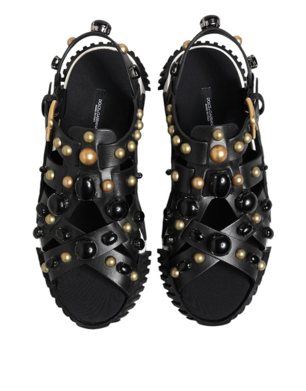 Dolce & Gabbana Black Leather Studded Ankle Strap Sandals Shoes