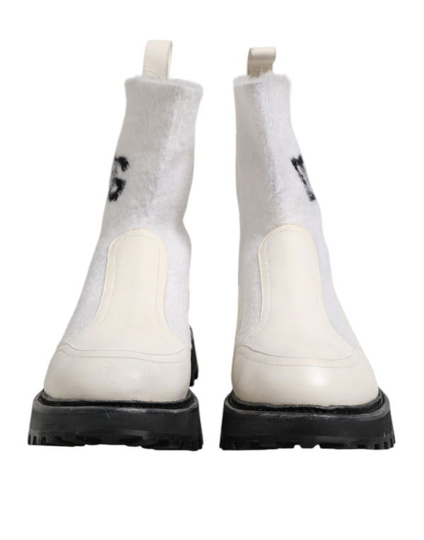 Dolce & Gabbana White Beige DG Logo Mid Calf Boots Shoes