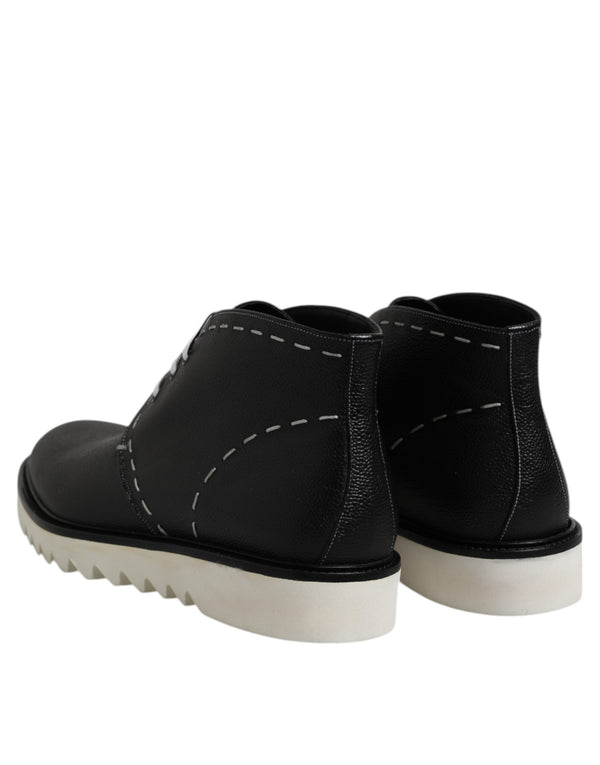 Dolce & Gabbana Black White Leather Ankle Boots Shoes