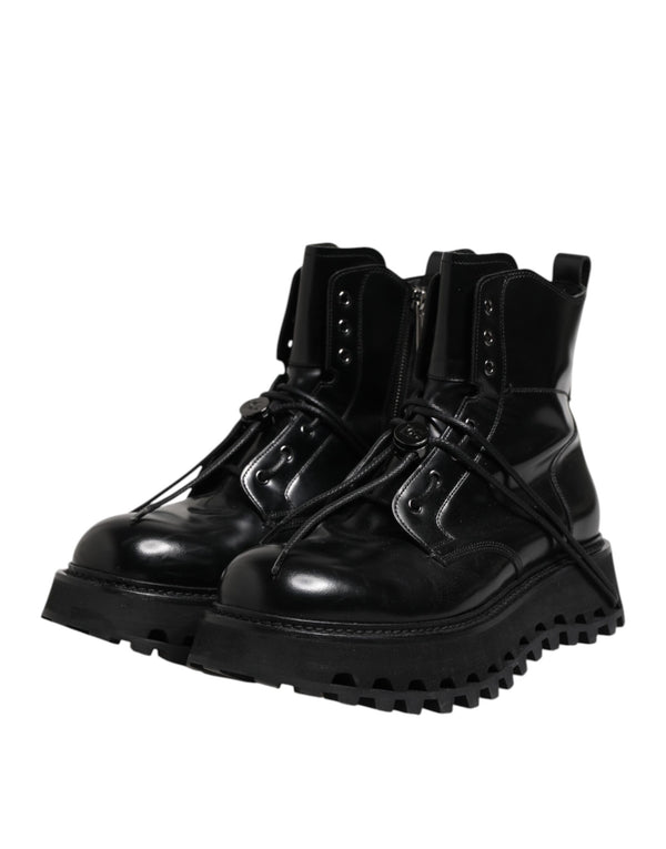 Dolce & Gabbana Black Leather Logo Ankle Boots Lace Up Shoes