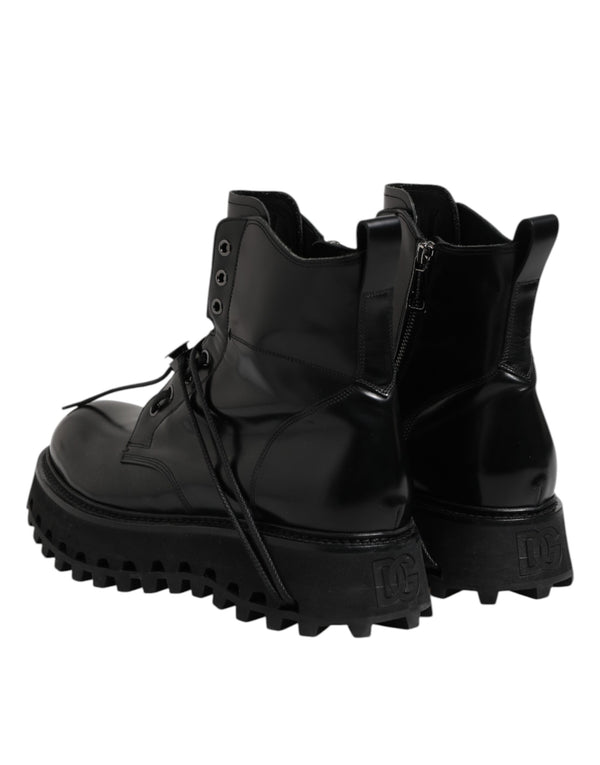 Dolce & Gabbana Black Leather Logo Ankle Boots Lace Up Shoes