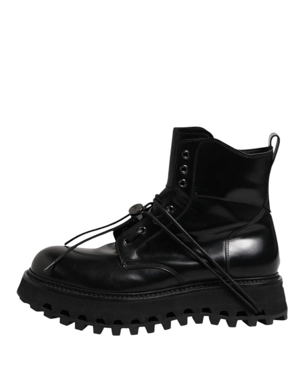 Dolce & Gabbana Black Leather Logo Ankle Boots Lace Up Shoes