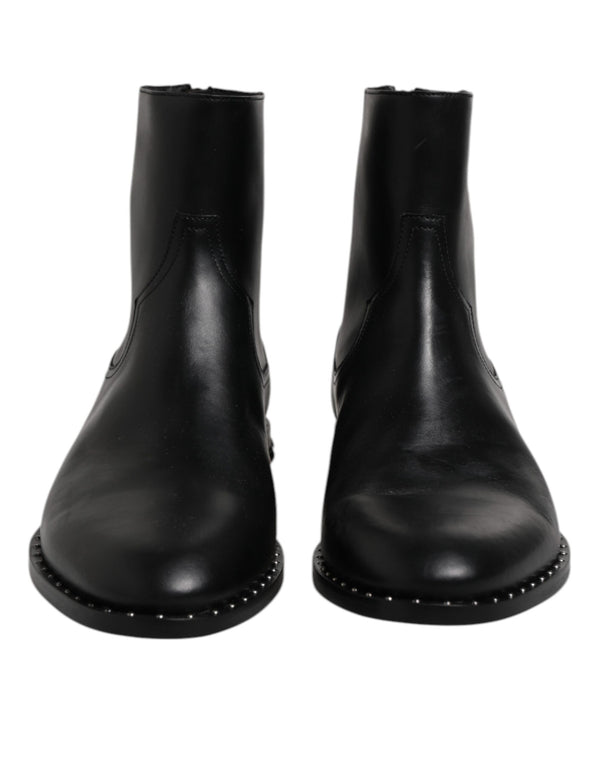 Dolce & Gabbana Black Leather Logo Ankle Boots Studded Shoes