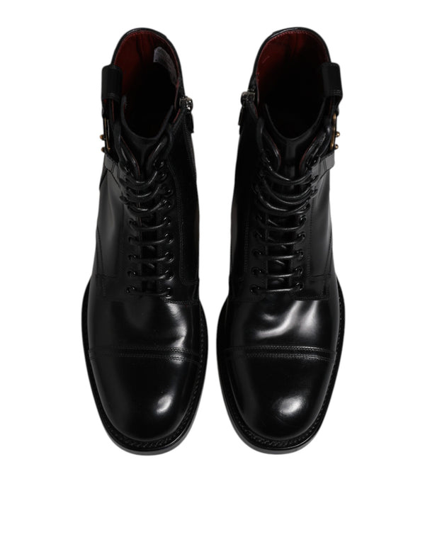 Dolce & Gabbana Black Leather Mid Calf Boots Lace Up Shoes