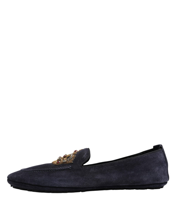 Dolce & Gabbana Blue Suede Crown Crystal Loafers Dress Shoes