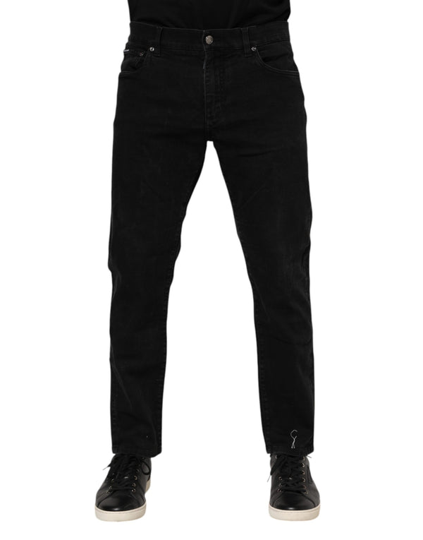Dolce & Gabbana Black Cotton Logo Plaque Slim Fit Denim Jeans