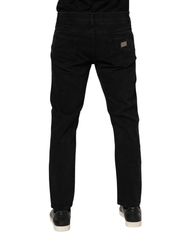 Dolce & Gabbana Black Cotton Logo Plaque Slim Fit Denim Jeans