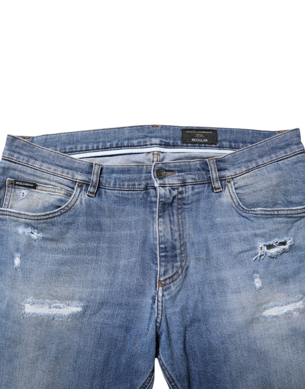 Dolce & Gabbana Blue Washed Tattered Logo Plaque Denim Jeans