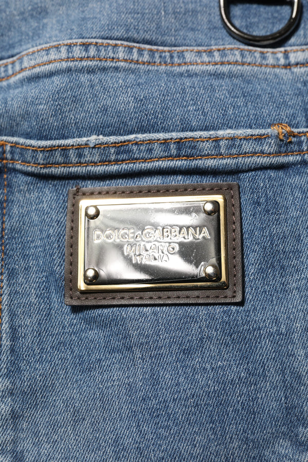 Dolce & Gabbana Blue Cotton Tattered Skinny Logo Denim Jeans