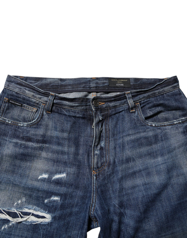 Dolce & Gabbana Blue Cotton Tattered Tapered Men Denim Jeans