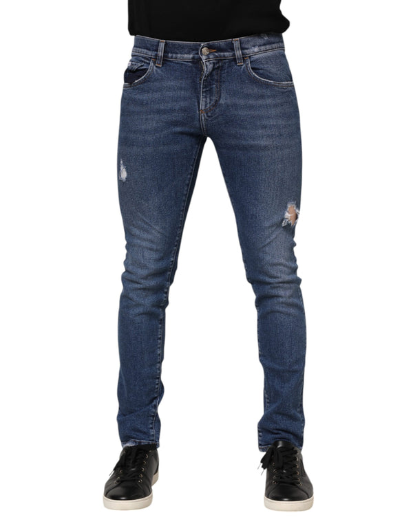 Dolce & Gabbana Blue Cotton Logo Plaque Skinny Men Denim Jeans