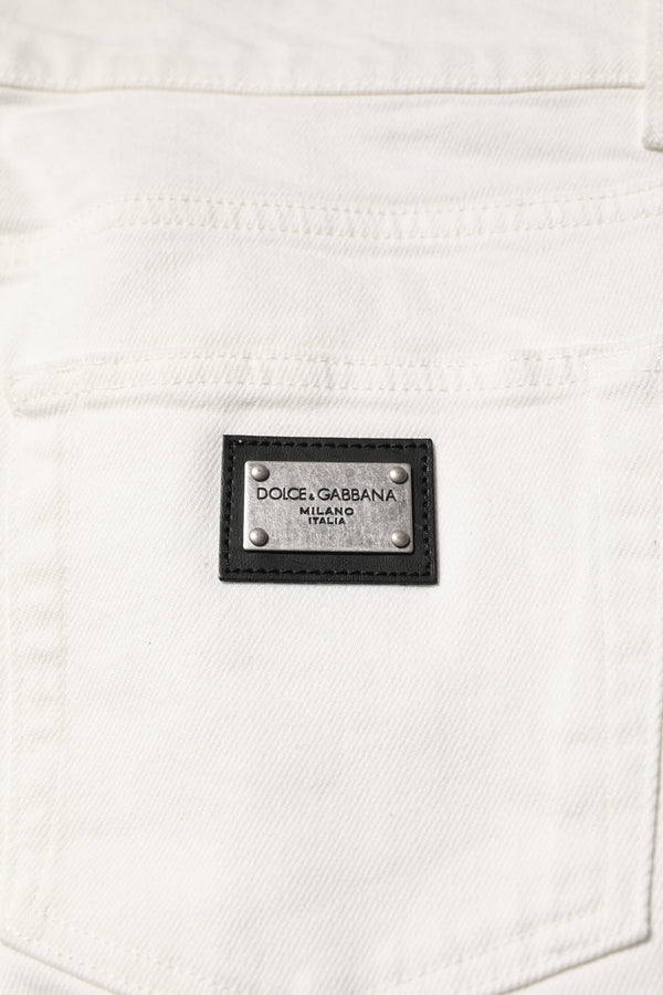 Dolce & Gabbana White Cotton Logo Plaque Slim Fit Denim Jeans