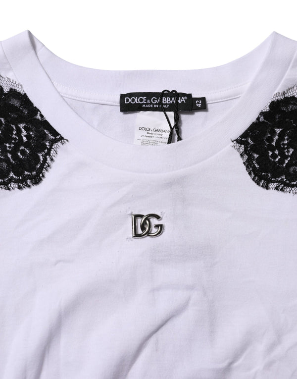 Dolce & Gabbana White Floral Lace DG Detailing Top T-shirt