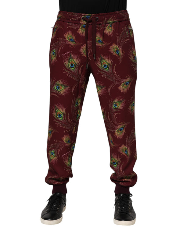 Dolce & Gabbana Burgundy Peacock Feather Print Jogger Pants