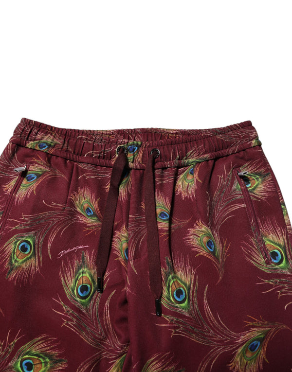 Dolce & Gabbana Burgundy Peacock Feather Print Jogger Pants