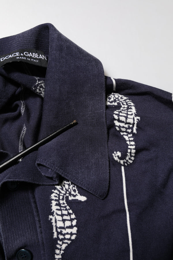 Dolce & Gabbana Dark Blue Sea Horse Collared Polo T-shirt