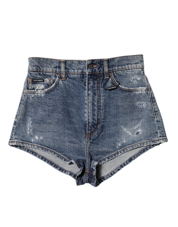 Dolce & Gabbana Blue Tattered Denim Cotton Hot Pants Shorts
