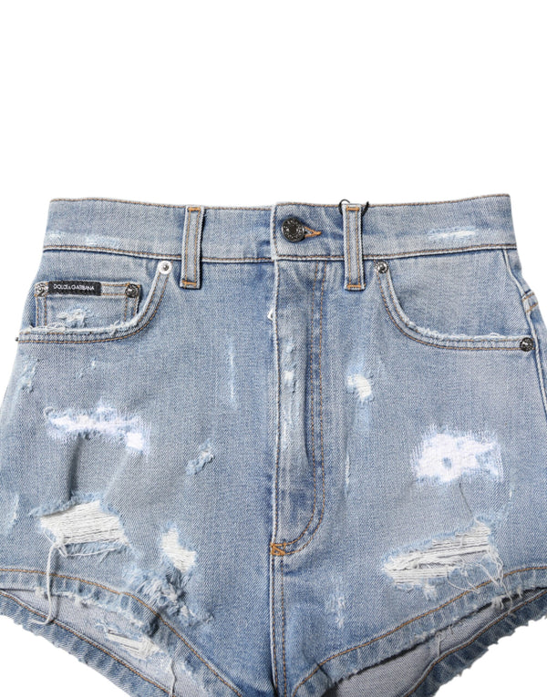 Dolce & Gabbana Blue Tattered Denim Cotton Hot Pants Shorts